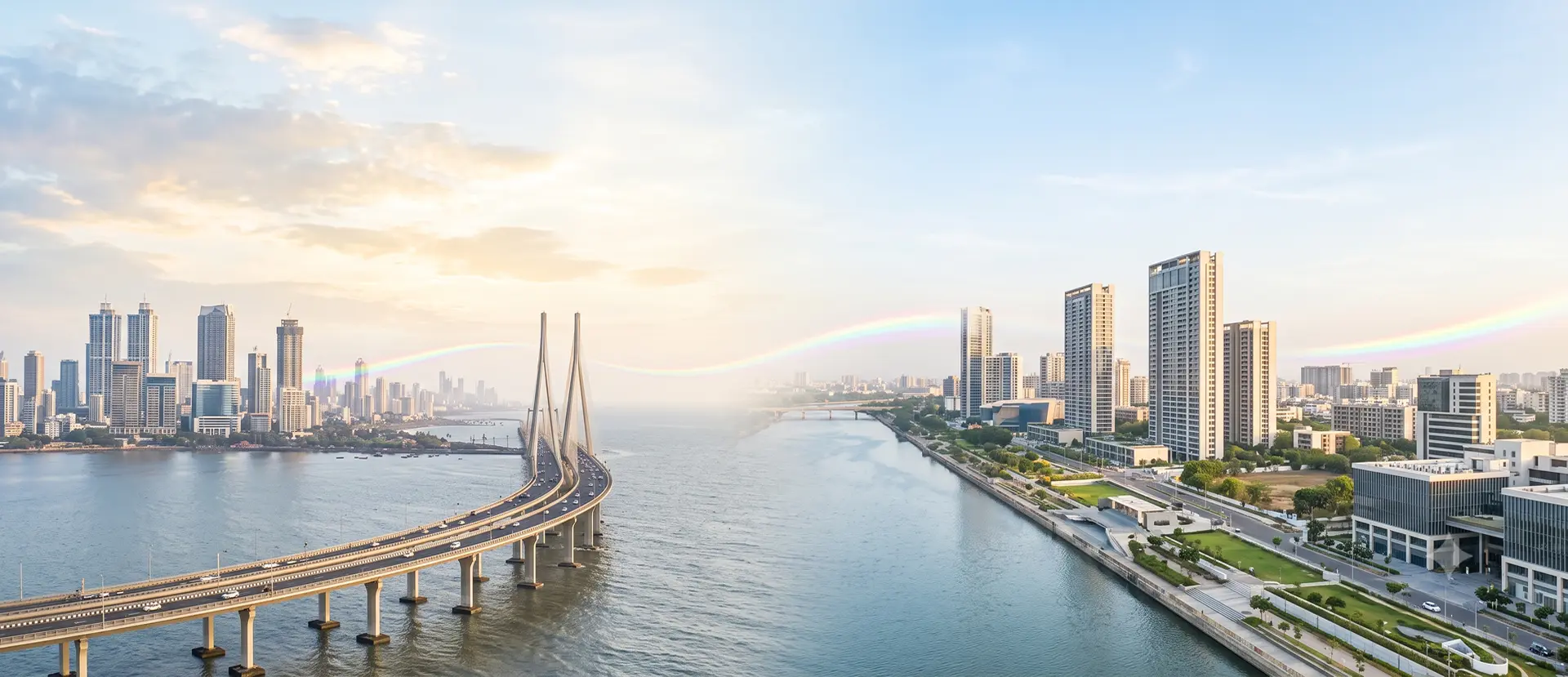 Mumbai sea-link and Gujarat riverfront skyline joined by a soft rainbow