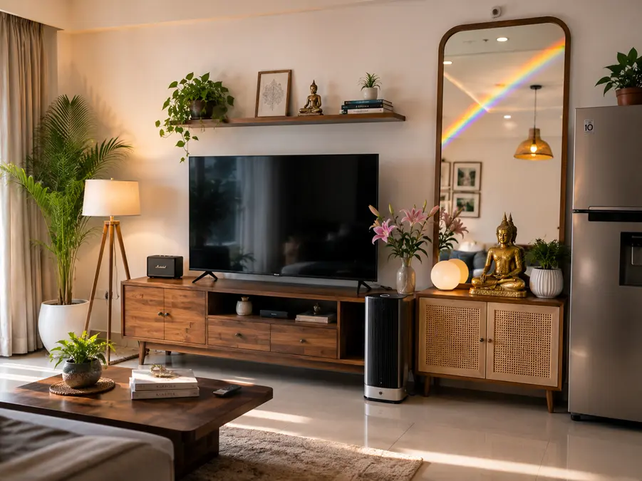 Stage D — living room with TV, refrigerator, mirror and décor articles in balanced arrangement