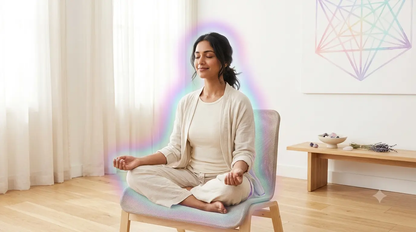 Woman meditating peacefully with a soft rainbow aura glow around her