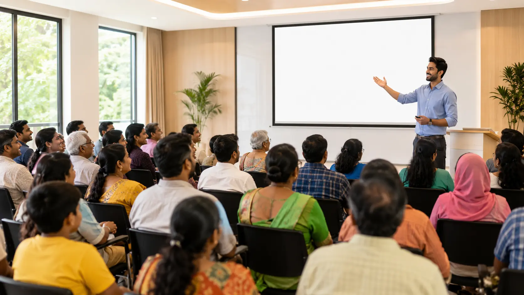 Energy Hygiene awareness seminar — audience listening to a speaker in a bright hall
