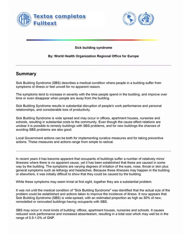 World Health Organization document — sick building syndrome summary