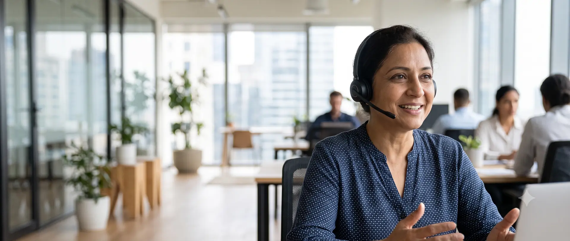 Friendly support consultant with a headset in a bright office