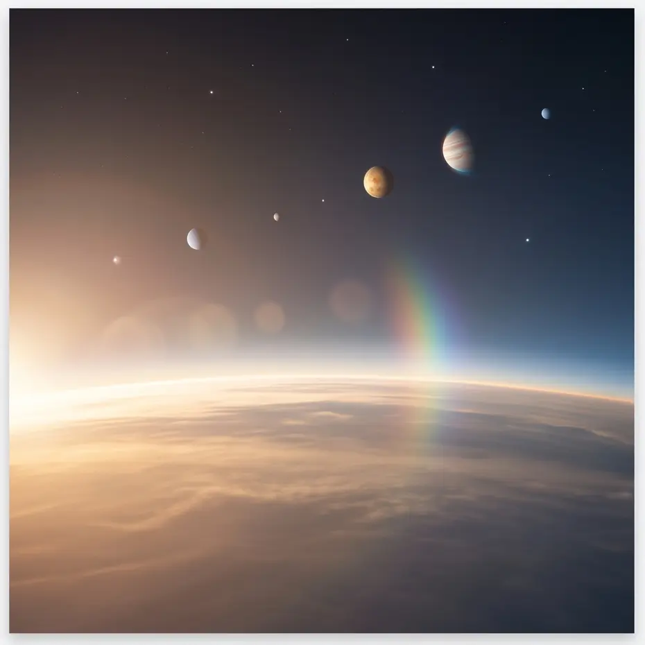 Cosmic energies — planets and sunlight above the Earth's atmosphere with a rainbow light