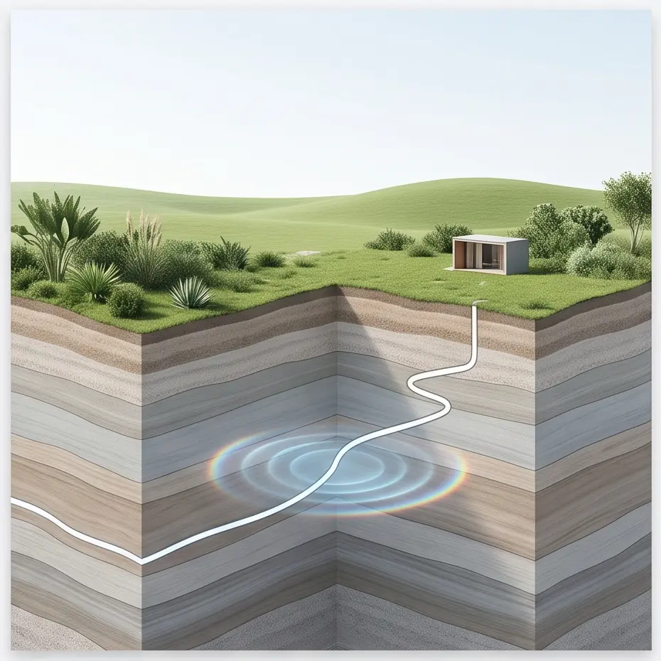 Earth energies — cross-section of underground water flow creating a geopathic stress zone beneath a house