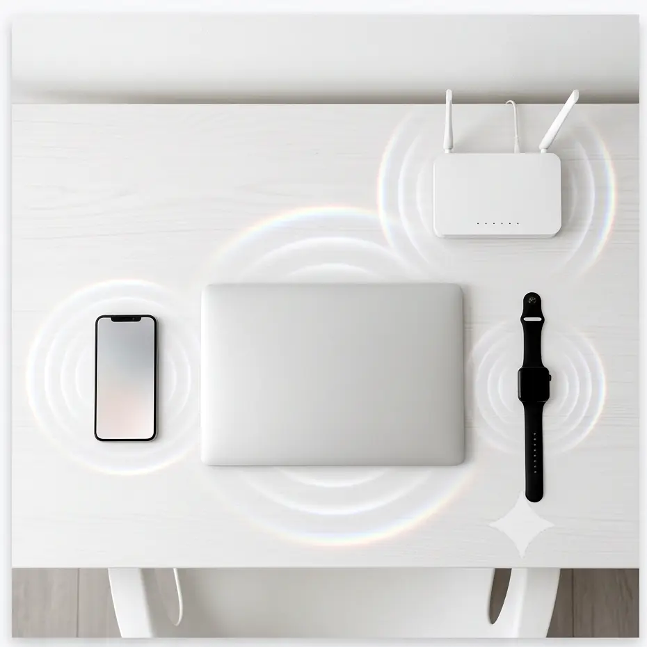 Articles and gadgets — phone, laptop, router and smartwatch on a desk with subtle energy ripples