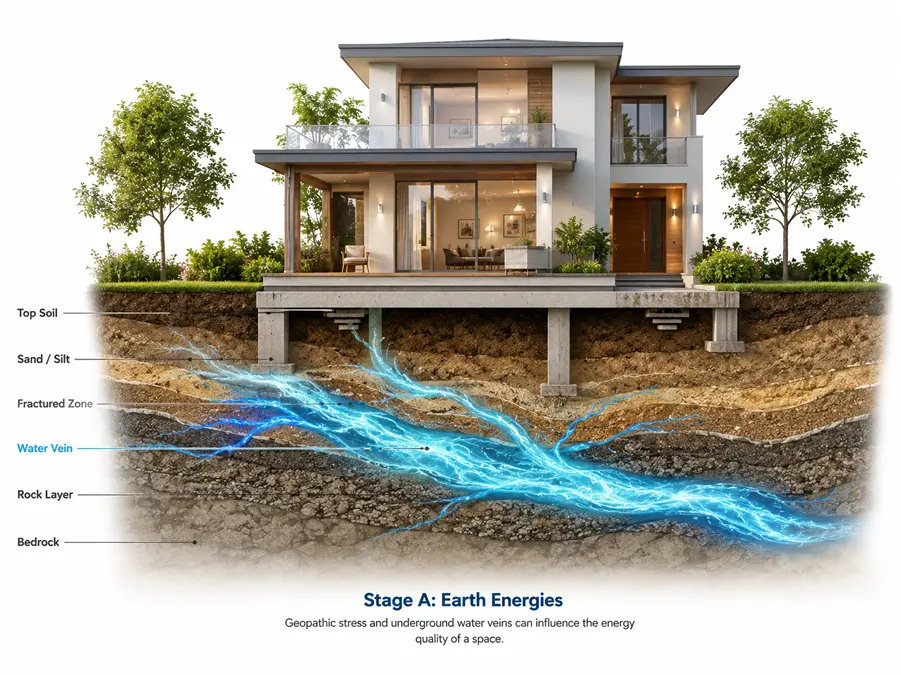 Stage A — cross-section of a home showing underground water veins and geopathic stress zones