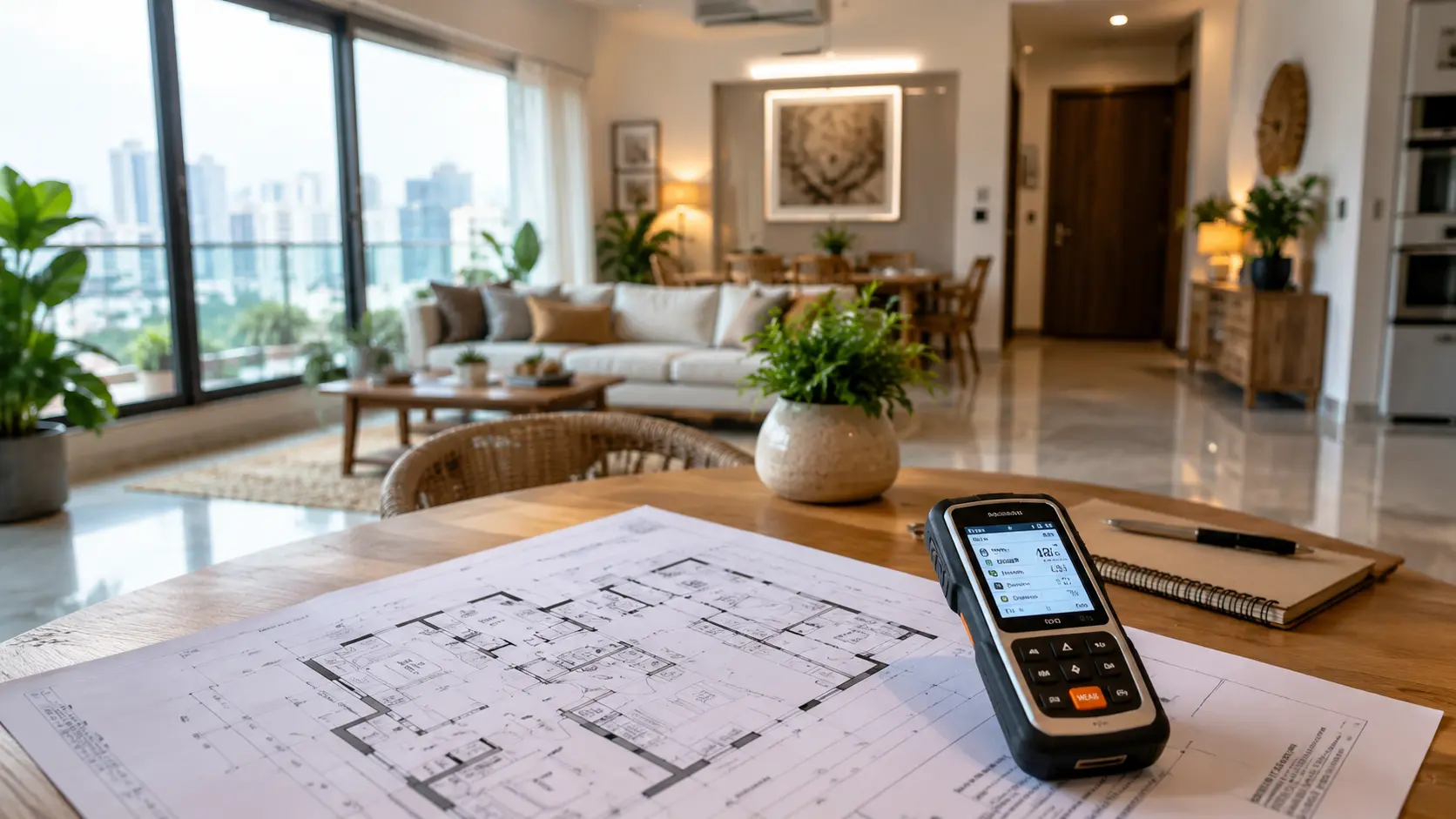 Home energy audit in a Mumbai apartment — floor plan and energy scanner on the table