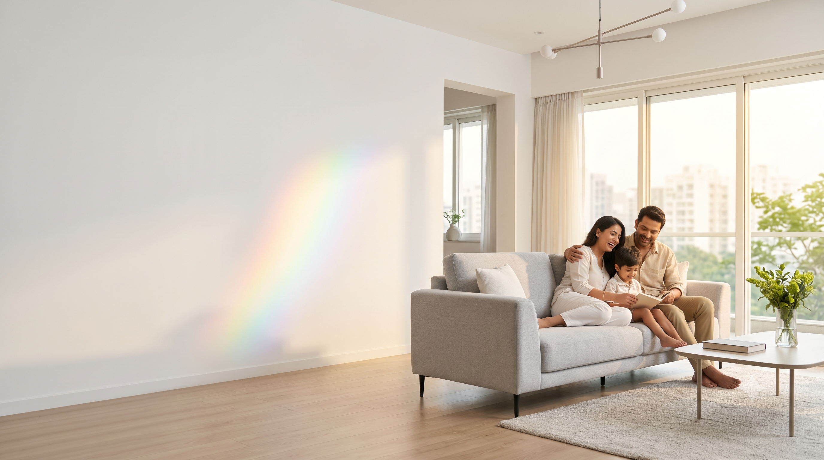 Happy Indian family in a bright, balanced living room with a soft rainbow light on the wall — Energy Hygiene for homes in Mumbai & Gujarat
