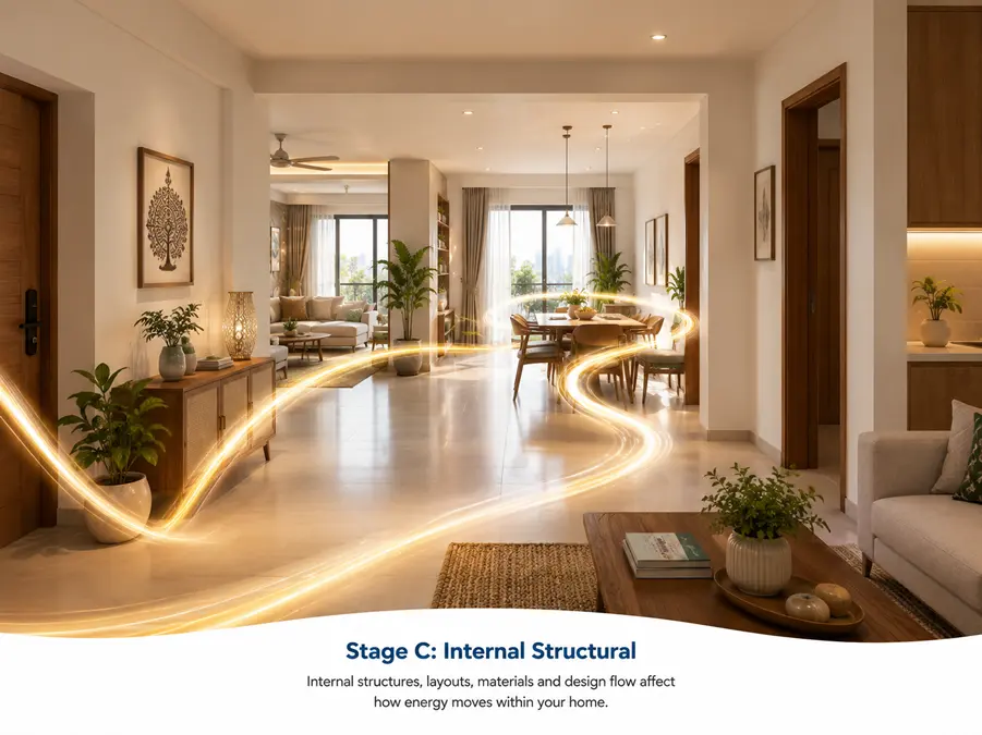 Stage C — energy flow winding through the layout of a bright Indian home interior