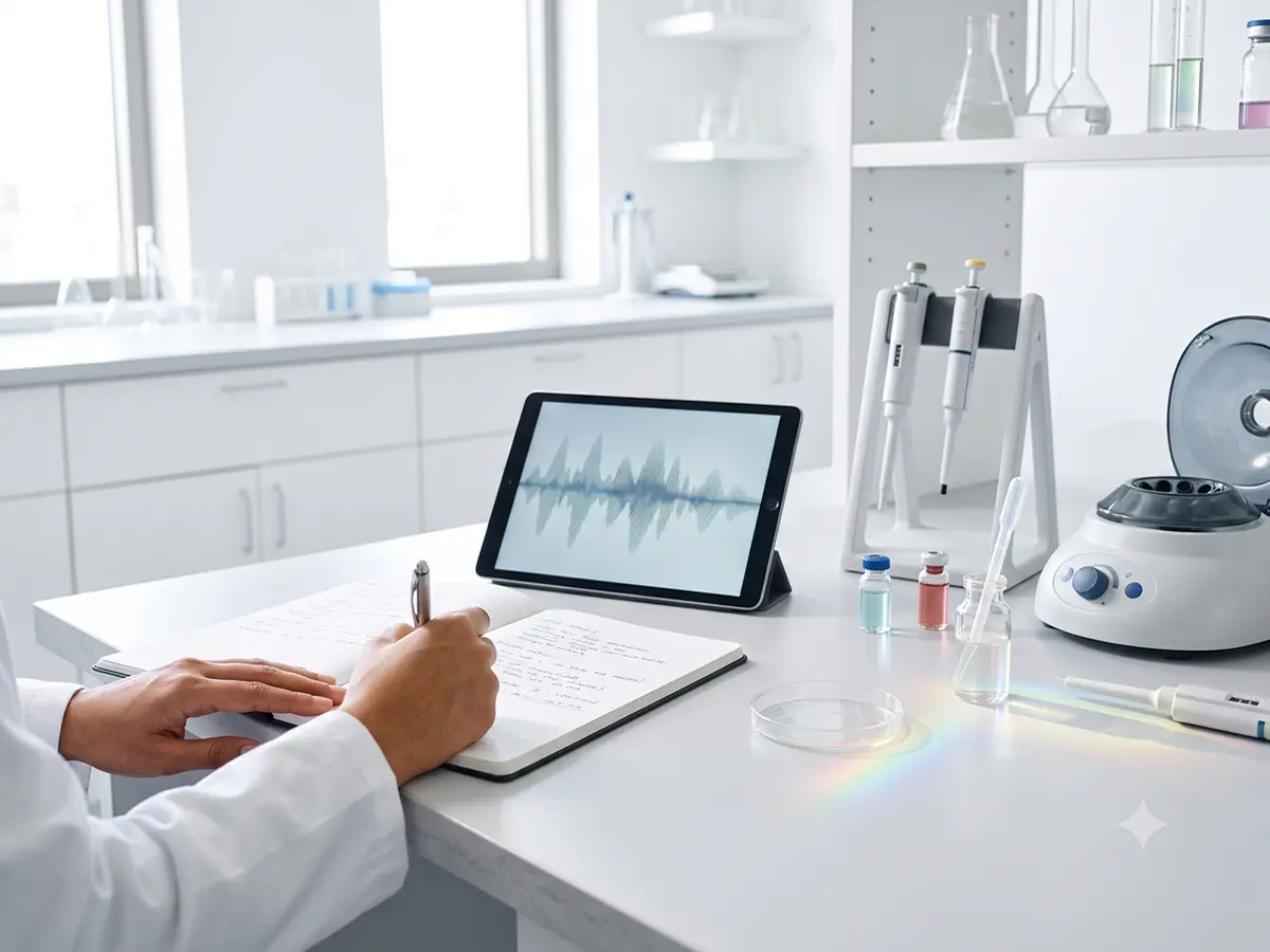 Modern research — scientist recording energy-frequency readings on a tablet in a bright laboratory