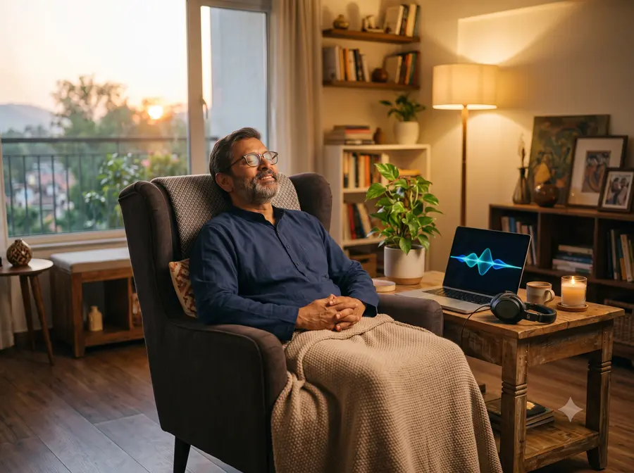 Man relaxing in an armchair at home during a remote energy wellness session