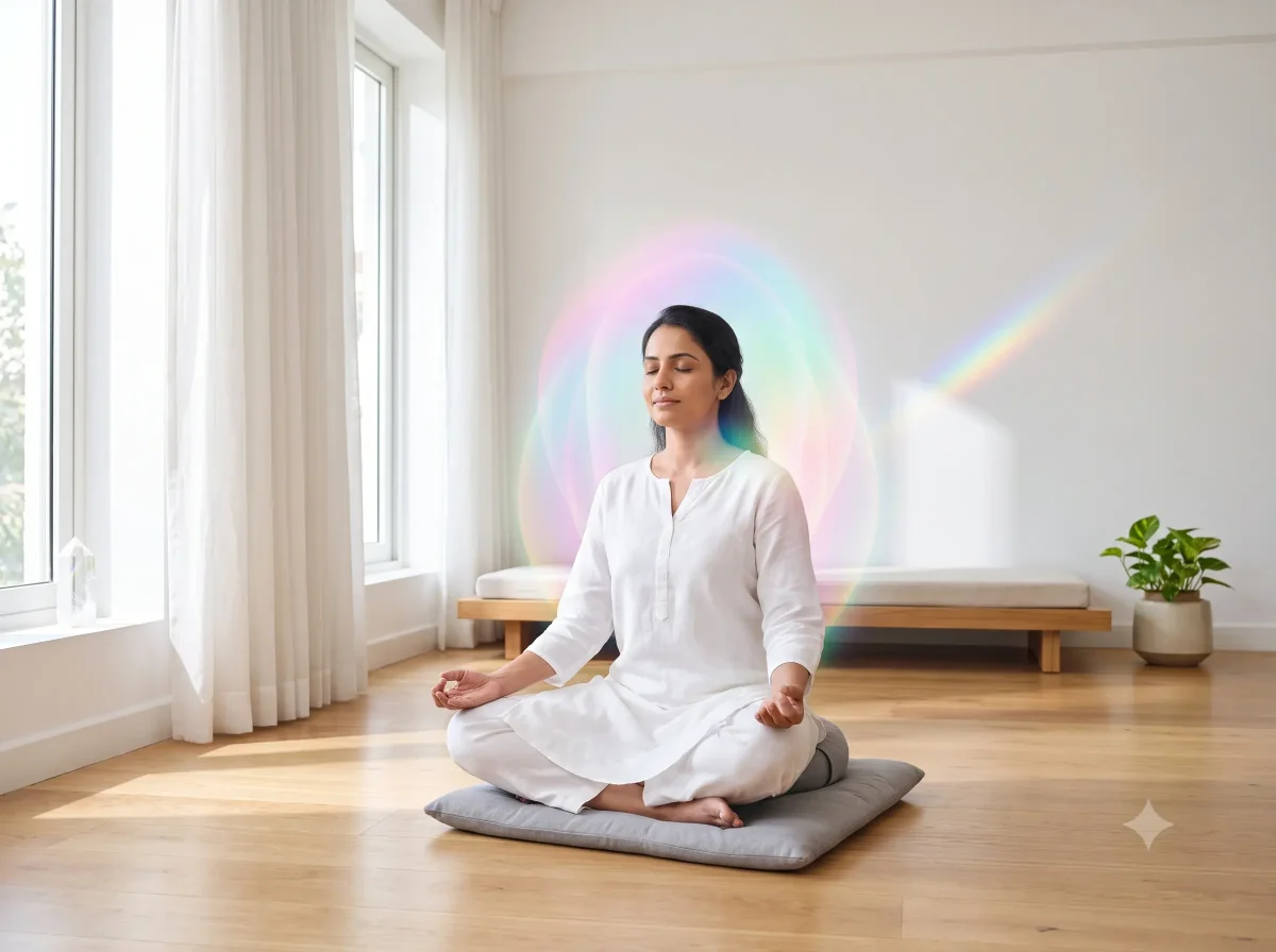 calm person meditating / soft light