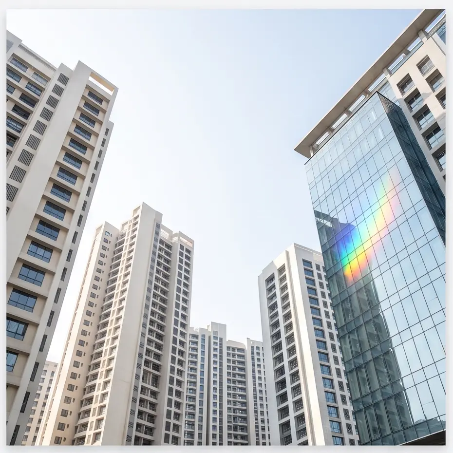 Structural energies — modern high-rise buildings in Mumbai with a rainbow reflection on a glass tower