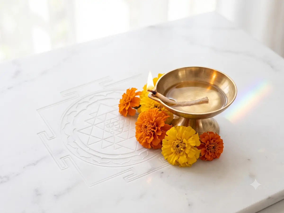 Traditional wisdom — brass diya lamp with marigold flowers on marble engraved with a Sri Yantra